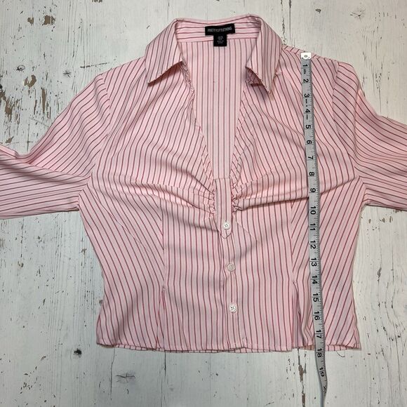 Pretty Little Thing Shirt Button Up 6 Pink Burgandy Crop Pinstripe Fitted Y2K - Picture 10 of 13